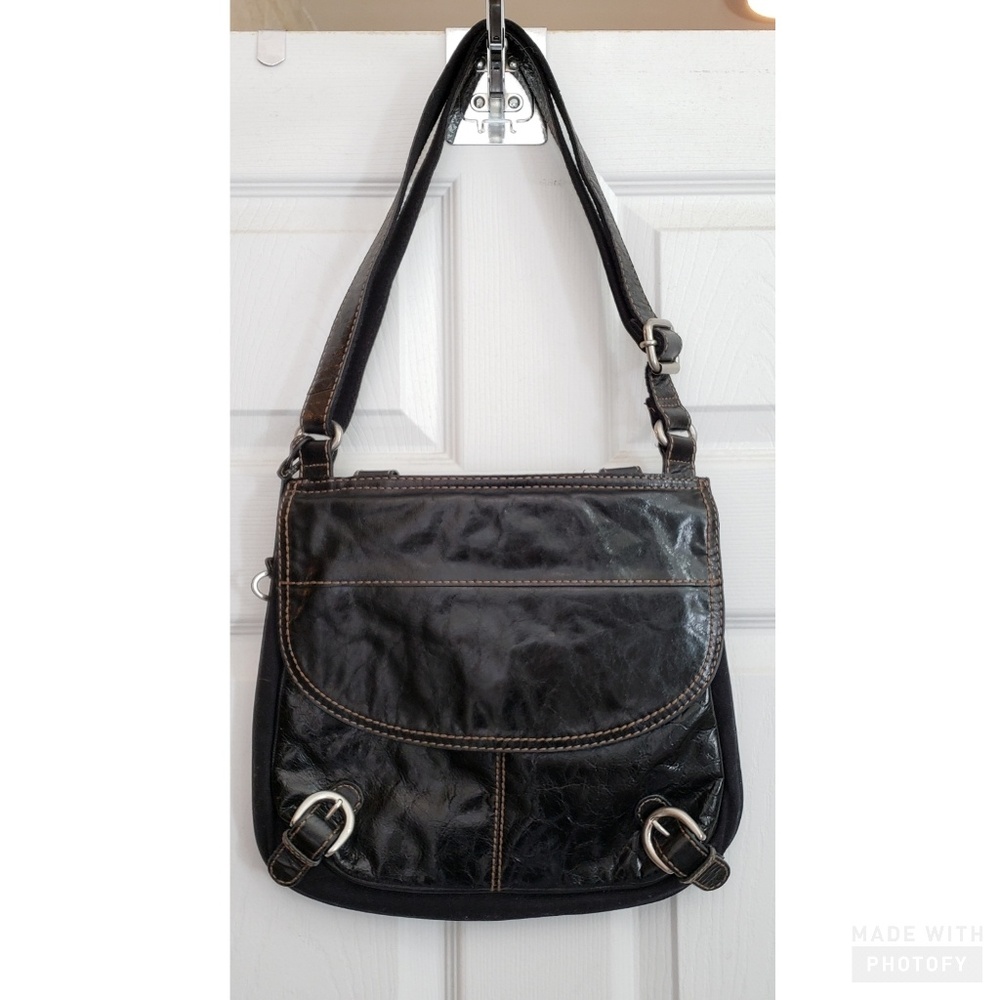 Fossil black leather and canvas handbag